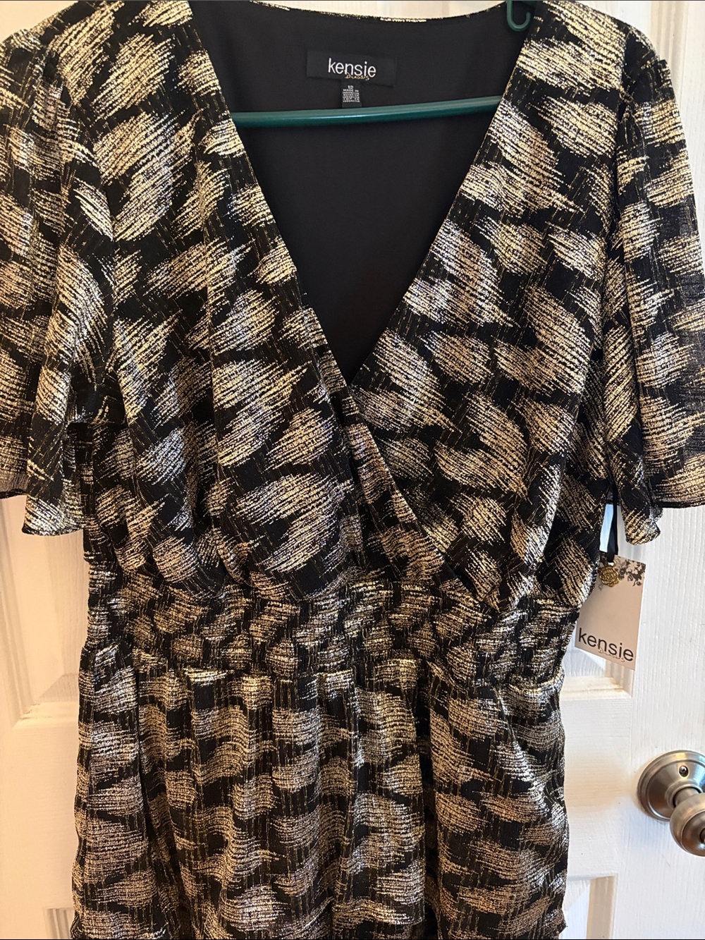 Kensie Black & Gold Metallic Textured Wrap Dress